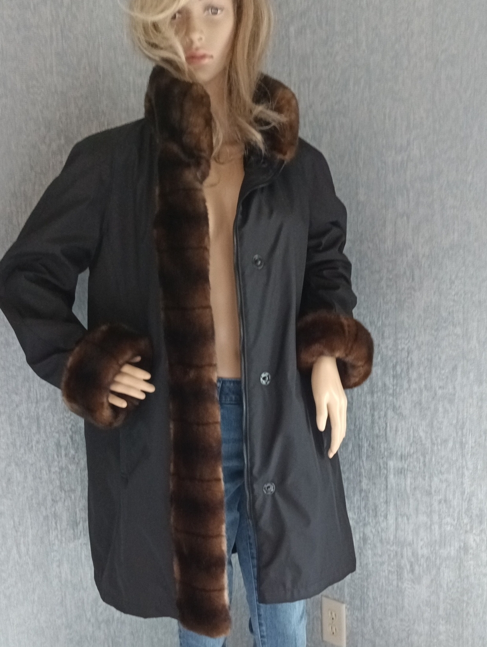 Gallery Black Pea Coat with Brown Faux Fur Trim